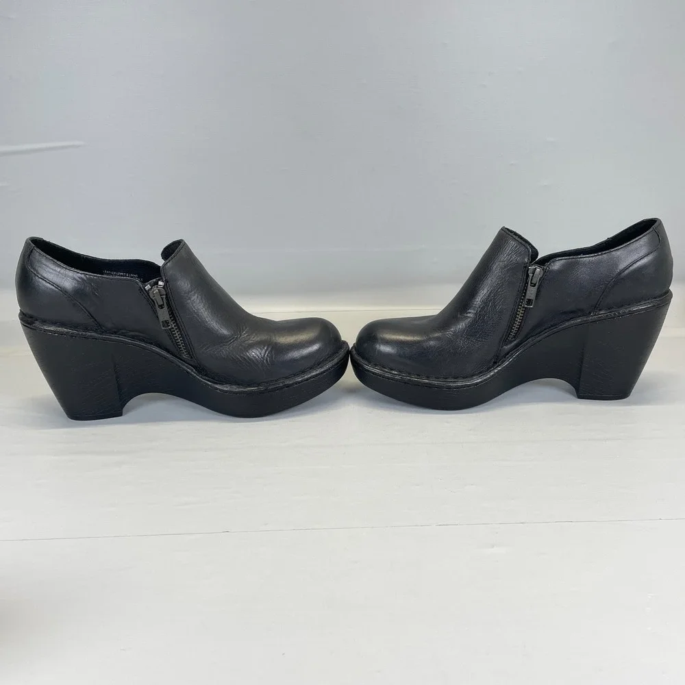 Born Wedge Shoes Womens Size 8 M Black Leather Zip Up Casual Dressy Clogs